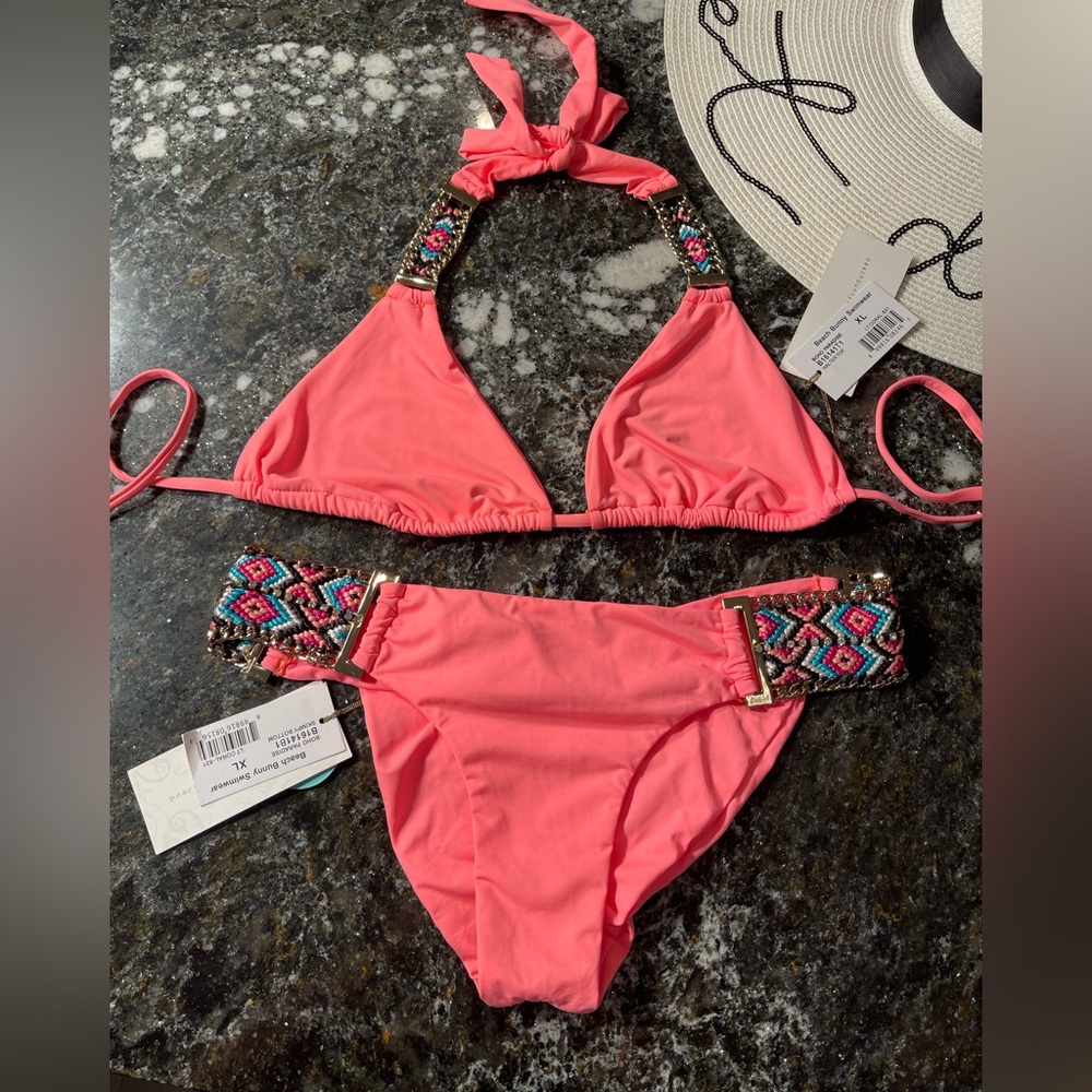 NWT Beach Bunny Pink coral Bikini XL set Boho Paradise … extremely Rare